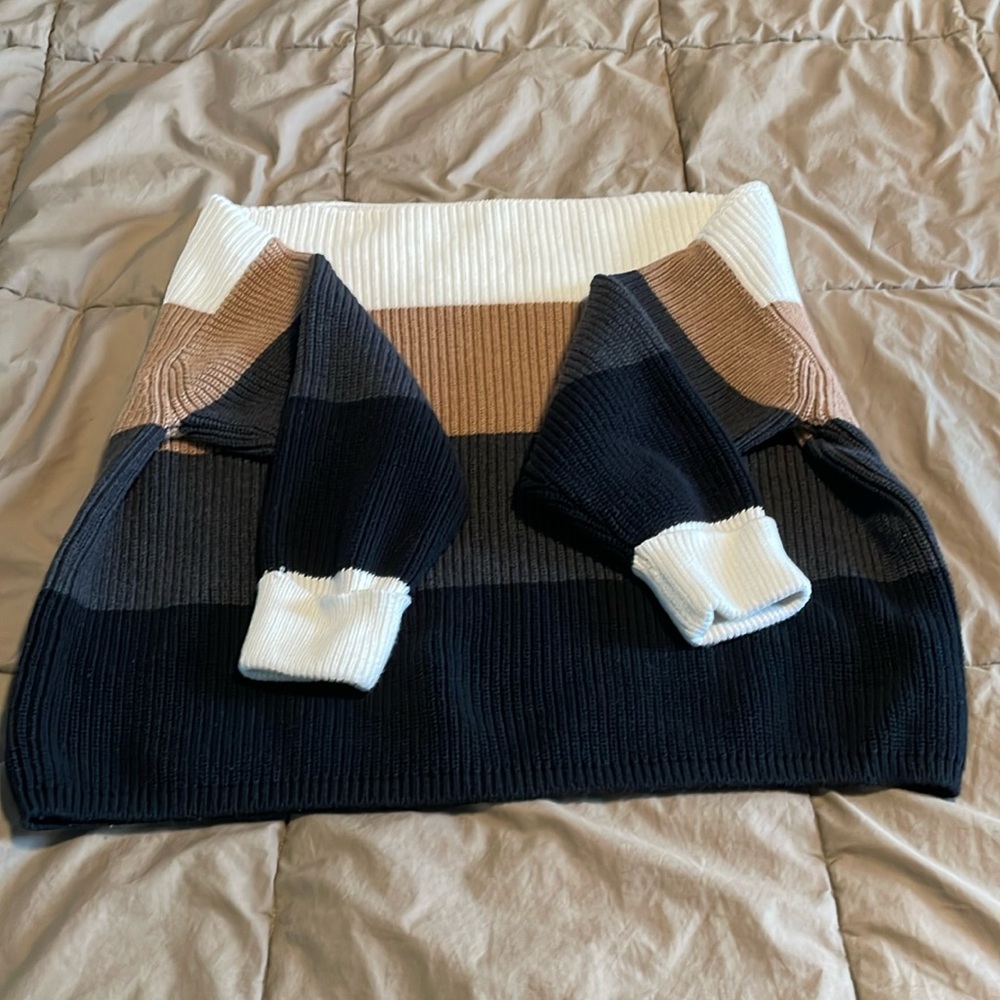 French Connection cotton sweater size S, cream, tan, charcoal, black striped